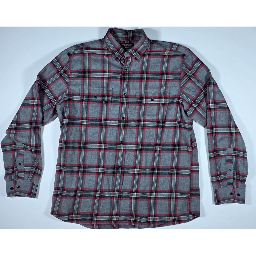 Banana Republic Men's XL Tall Organic Cotton Plaid Flannel Shirt Grey Red Plaid
